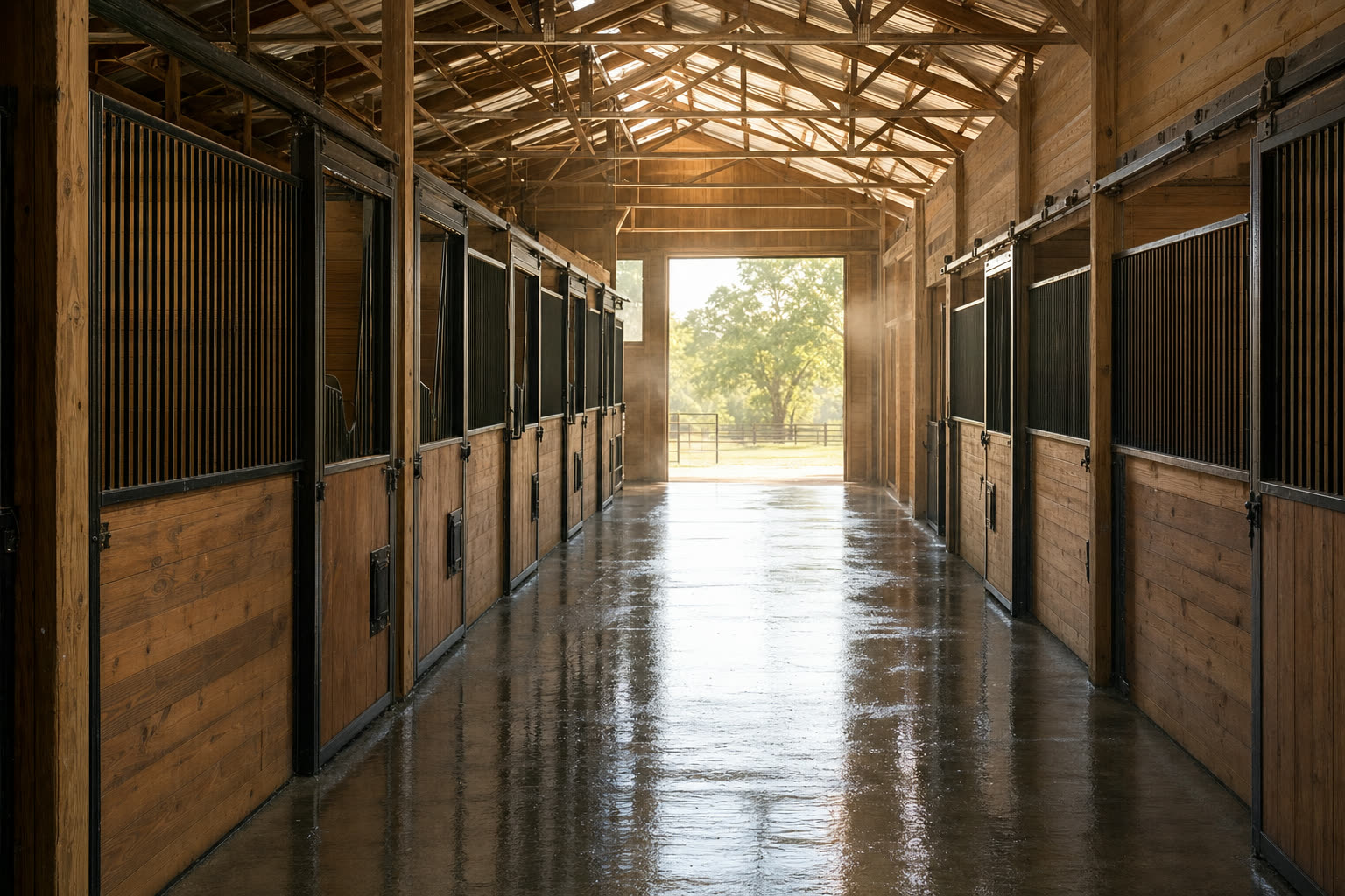 A clean horse barn aisle with wooden stall fronts and a freshly washed concrete floor
