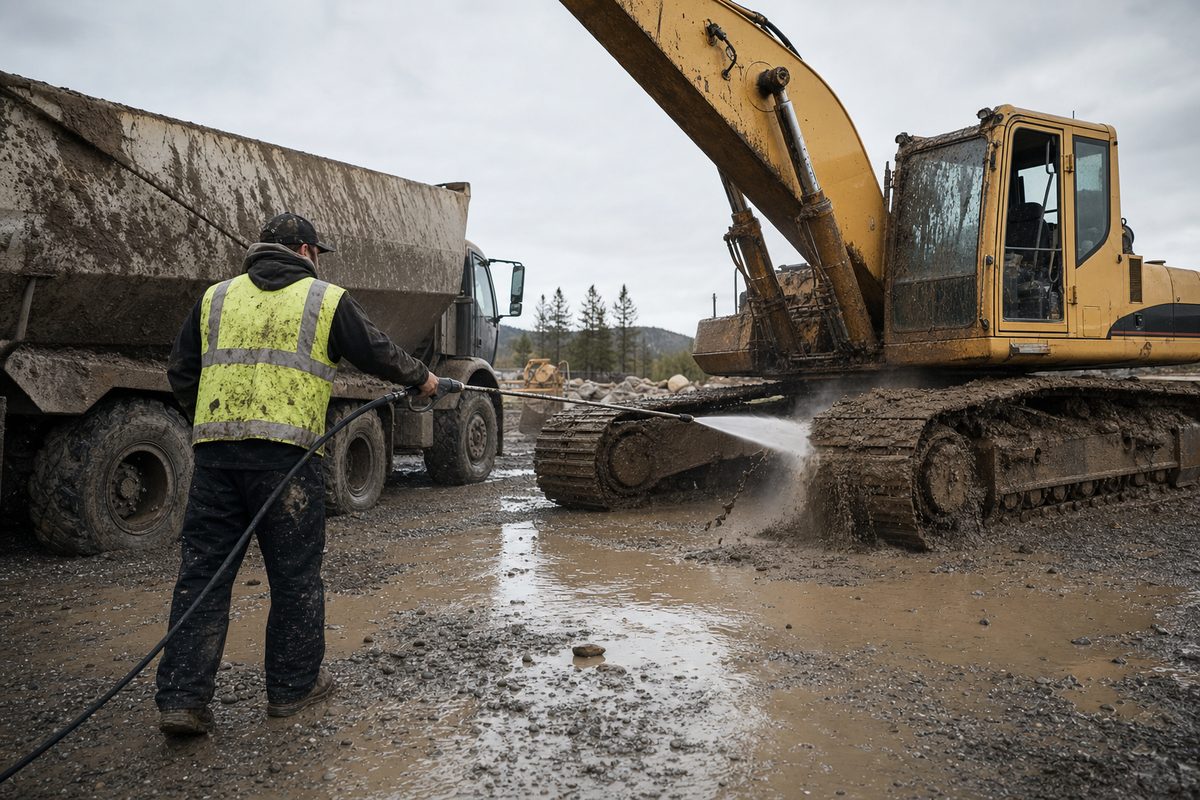 Excavator being pressure washed